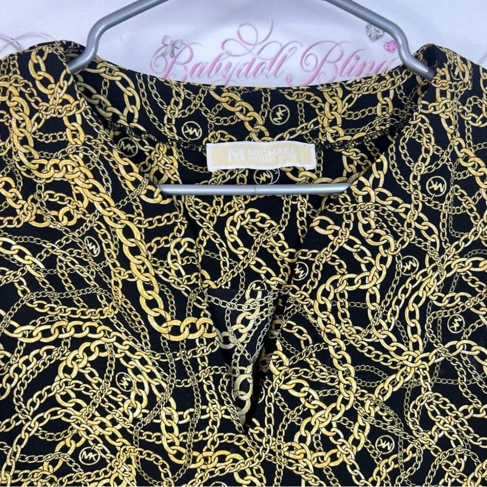 Michael Kors blouse chains ⛓️‍💥 link chain link Black Gold Chain Print Blouse